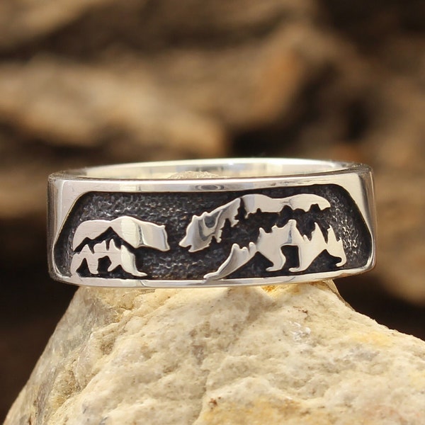 Together Forever Ring — Family Bear Ring, Animal Silver Wedding Band, Nature Inspired Ring for Loved One, Dad Christmas Gift