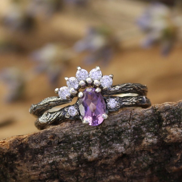 Forest Princess Tiara Tree Branch Engagement Ring Set Amethyst & CZ, Fairy Silver Twig Unique Nature Wedding Ring Set for Women Bridal