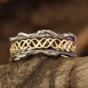 Mixed metals wave wedding band, Silver and gold wavy pattern and tree bark wedding band, Wave on branch band, Nature inspired ring