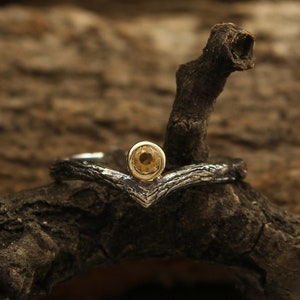 Unusual chevron engagement ring with Citrine, Delicate tree bark V-ring, Stackable woodbark band, Tiny woman&#39;s ring, Sterling silver ring