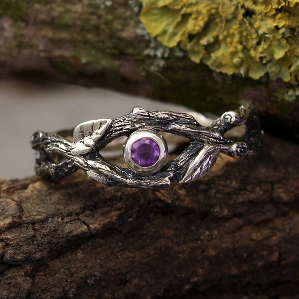 Natural Amethyst twig engagement ring made in sterling silver, Eco friendly silver braided branch and leaves ring with exquisite purple gem