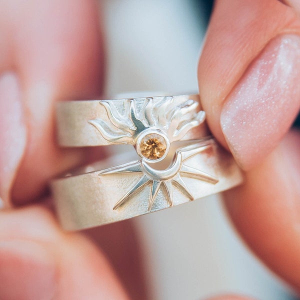 Sun and Moon matching Wedding Rings Set in Matte Sterling Silver with Natural Citrine for Couple