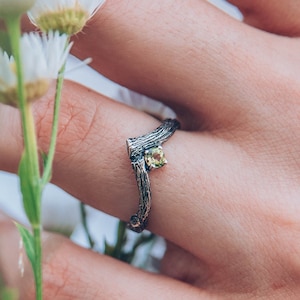 Tiny branch engagement ring with peridot, Dainty peridot ring, Small branch engagement ring, Women's peridot ring, Nature ring, Unique gift image 1