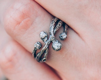 Delicate Braided Tree Branches Ring Multi Stone Nature inspired Sterling Silver