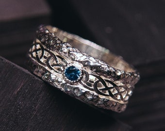 Celtic Knot Braided Ring with London Blue Topaz - Irish Knot Ring Vintage Style - Natural Gemstone Antique Wedding Band - Birthstone Rings