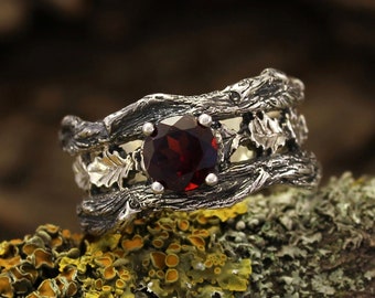 Massive tree branch and oak leaves ring with round Garnet 7mm, Men's Women's heavy wedding band, Wedding Rings Store