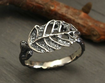 Unique wild leaf ring, Nature inspired ring, Rustic silver ring, Twig ring for her, Womans engagement ring, Handmade gift for girlfriend