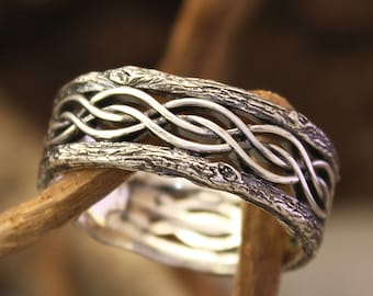 Twisted pattern silver tree bark wedding band, Braided lines sterling silver ring, Unusual men wedding band, Women silver wedding ring