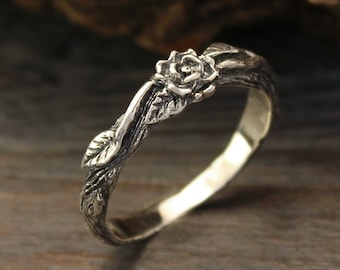 Nature sterling silver flower rose on tiny branch ring for her, Unique woman engagement ring, Leaves on tree bark ring, Ideal gift for lover