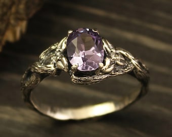 Braided Branch Silver Ring with Alexandrite, Leaves on the Twig Ring, Unique Silver Ring with Alexandrite and Cubic Zirconia, Women's ring