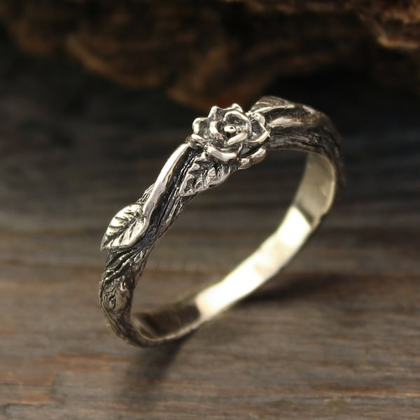 Nature sterling silver flower rose on tiny branch ring for her, Unique woman engagement ring, Leaves on tree bark ring, Ideal gift for lover
