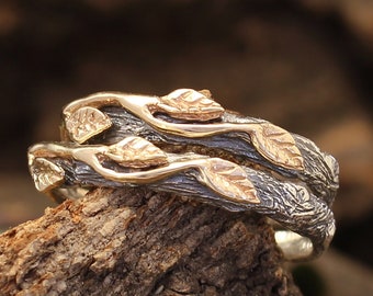 Gold Leaves Mixed Metal Couple Wedding Bands Set His and Hers Forest Nature Inspired - Tree Matching Couple Rings Set Gold and Silver Branch