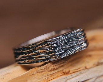 Mens Flat Top Silver Tree Bark Ring Brutalist Unique Chunky Wide Nature Wedding Band Thick Wooden Style Forest inspired Promise Ring for Him