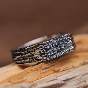 Anel de casca de árvore prateado com topo plano masculino, aliança de casamento brutalista, única, robusta e larga, estilo madeira grossa, inspirada na floresta, anel de compromisso para ele