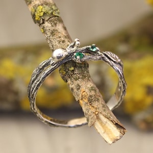 Snail and leaf on a branch silver ring with two natural emeralds, Leaf on a twig ring, Unusual emerald women's silver ring, Tiny silver ring