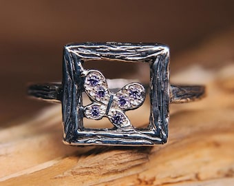 Purple Butterfly Ring with Amethysts Unique Silver Tree Bark Forest Nature Inspired - Wood Texture Square Statement Ring February Birthstone