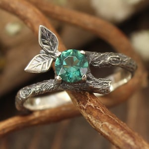 Fairy emerald silver branch and leaf engagement ring, Tiny forest twig sterling silver bridal ring, Nature inspired christmas gift for women