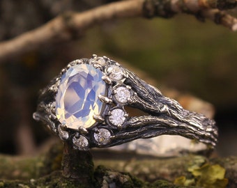 Bague branche de pierre de lune, bague brindille en argent sterling avec pierre de lune et CZ, bague forêt sauvage unique, bague de fiançailles inspirée de la nature