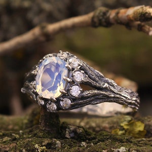 Moonstone branch ring, Sterling silver twig ring with moonstone and CZ, Unique wild forest ring, Nature inspired engagement ring