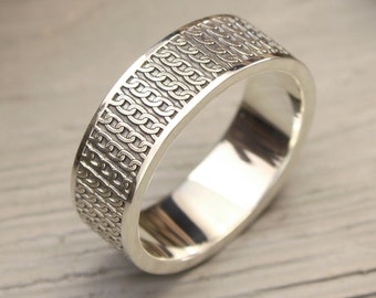 Engraved Silver Chain Link Ring — Modern Wide Wedding Band with Unique Geometric pattern — Gift for Him Boyfriend Christmas - Christmas Gift