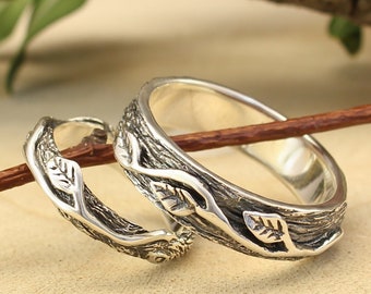 Blätter auf einem Baum Passende Paar Ringe Set — Wald Natur Einzigartige Ehering Set Für Sie und Ihn — Handgemachter Schmuck Ringe Sterling Silber