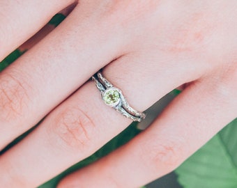 Unusual peridot twig engagement ring, Dainty tree engagement ring, Double branch sterling silver ring, Woman's nature ring, Unique gift