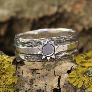 Tree Bark & plain strip Sun Ring Sterling Silver — Unique Mens Wedding Band Wood style — Wide Chunky Star Ring — Astronomy Space Nature Ring