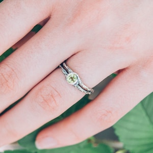 Unusual peridot twig engagement ring, Dainty tree engagement ring, Double branch sterling silver ring, Woman&#39;s nature ring, Unique gift