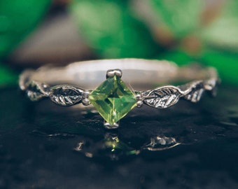 Dainty Floral Leaf Band Peridot Engagement Ring Solitaire Nature Inspired by Forest Thin Silver Ring for Women Green Stone August Birthstone