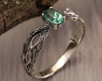 Delicate Green Quartz and Twisted Twig Ring, Dainty Infinity Branch Engagement Ring, Unique Silver Wedding ring, Sister Birthday Gift