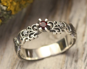 Natural Garnet sterling silver ring tree bark and vine, Scrollwork wedding ring, Birthstone unique ring, Men women ring