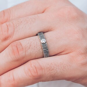 Silver Tree bark & bezel Diamond Engagement Ring for Men, Nature inspired Rustic Wedding Band for Him and Her, Cottagecore Branch Band Ring