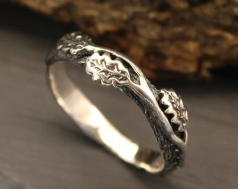 Branch ring with oak leaves, Oak leaf silver wedding band, Nature wedding ring, Unique women ring, Oak leaves on twig ring, Gift for her