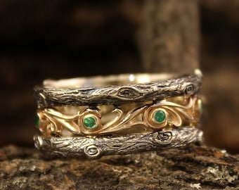 Emeralds in Vintage style Vine Ring with Tree bark — Mixed Metals Silver & Gold Wedding Band for Women and Men — Wide Branch Band Ring