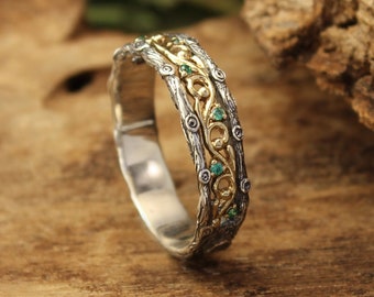 Branch silver & gold vine ring with natural Emerald stones, Wedding band in vintage style, Anniversary magnificent gift, Eco friendly ring