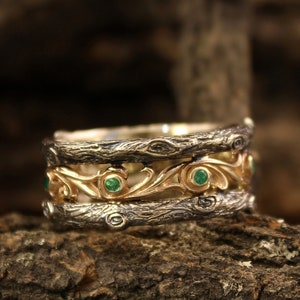 Emeralds in Vintage style Vine Ring with Tree bark — Mixed Metals Silver & Gold Wedding Band for Women and Men — Wide Branch Band Ring