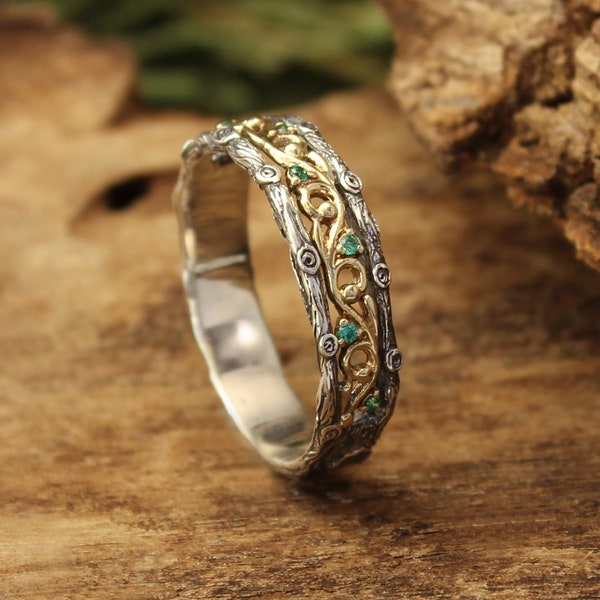 Branch silver & gold vine ring with natural Emerald stones, Wedding band in vintage style, Anniversary magnificent gift, Eco friendly ring