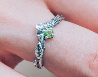 August Birthstone Ring with Peridot V shaped Twig with Leaves Forest Inspired