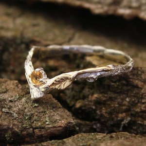 Gold leaf on silver twig engagement ring with citrine, Yellow stone tiny ring, Dainty branch ring, Wood bark V-ring, Woman's nature ring