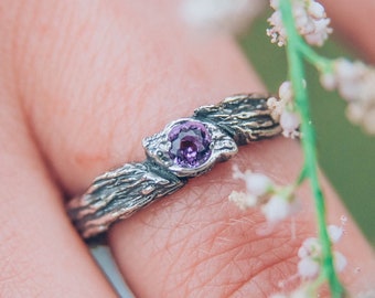 Women's Unique Twig Engagement Ring with Amethyst leaf, Bridesmaid silver gift, Solid sterling silver 925