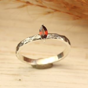 Silver Hammered Engagement Ring with Garnet Marquise cut Red Stone Brutalist Design for Her