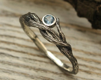 Delicate braided twig engagement ring, Branch ring with Topaz, Women topaz ring, Nature ring for her, Sterling silver, Gift for girlfriend