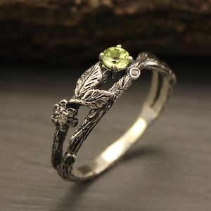 Dainty branch and leaves Peridot ring, Flower on the twig ring, Wild nature ring, Unique peridot ring, Unusual engagement ring for her