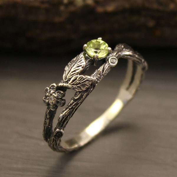 Dainty branch and leaves Peridot ring, Flower on the twig ring, Wild nature ring, Unique peridot ring, Unusual engagement ring for her
