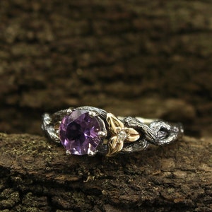 Unusual Twig Engagement Ring with Amethyst, Mixed Metals Branch Ring, Leaves Womens engagement ring, Amethyst ring, Gift for girlfriend