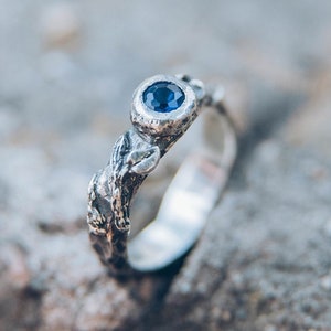 Fantasy Blue Sapphire Engagement Ring with Silver Nature inspired Rocky band, Twig and Leaf Hammered Ring for Her, Tree Branch Wedding Ring