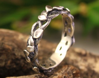Twist twig with leaves sterling silver wedding band, Tree and leaf ring, Braided branches band, His and her silver wedding ring, Nature ring