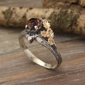 Ametrine Twig Engagement Ring with Gold Oak Leaves, Branch Sterling Silver Ring with leaf, Woman's elegant Tree Bark Mixed Metal ring