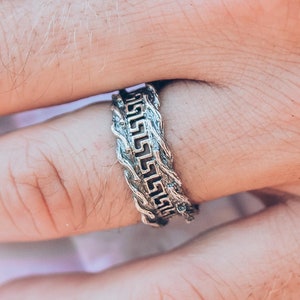 Greek silver wedding band for him, Chunky wooden man's ring, Oxidized silver gift for husband, Wide silver ring, Nature wedding ring