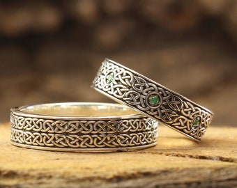 Conjunto de anillos de boda celtas de plata maciza, alianzas de boda a juego con nudos celtas para él y para ella, anillos de nudo infinito grabados, anillos de joyería hechos a mano